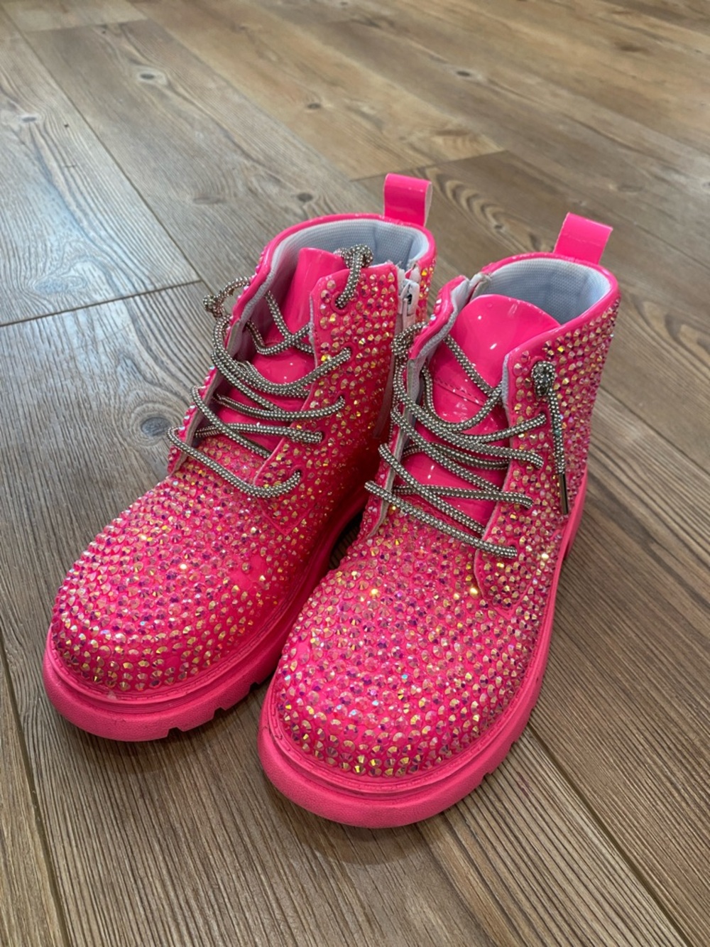 Kids Hot Pink Rhinestone Lace-Up Boots - Stylish Sparkle size 34